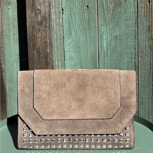 BCBGMAXAZRIA evening envelope purse Brown suede with silver studs
